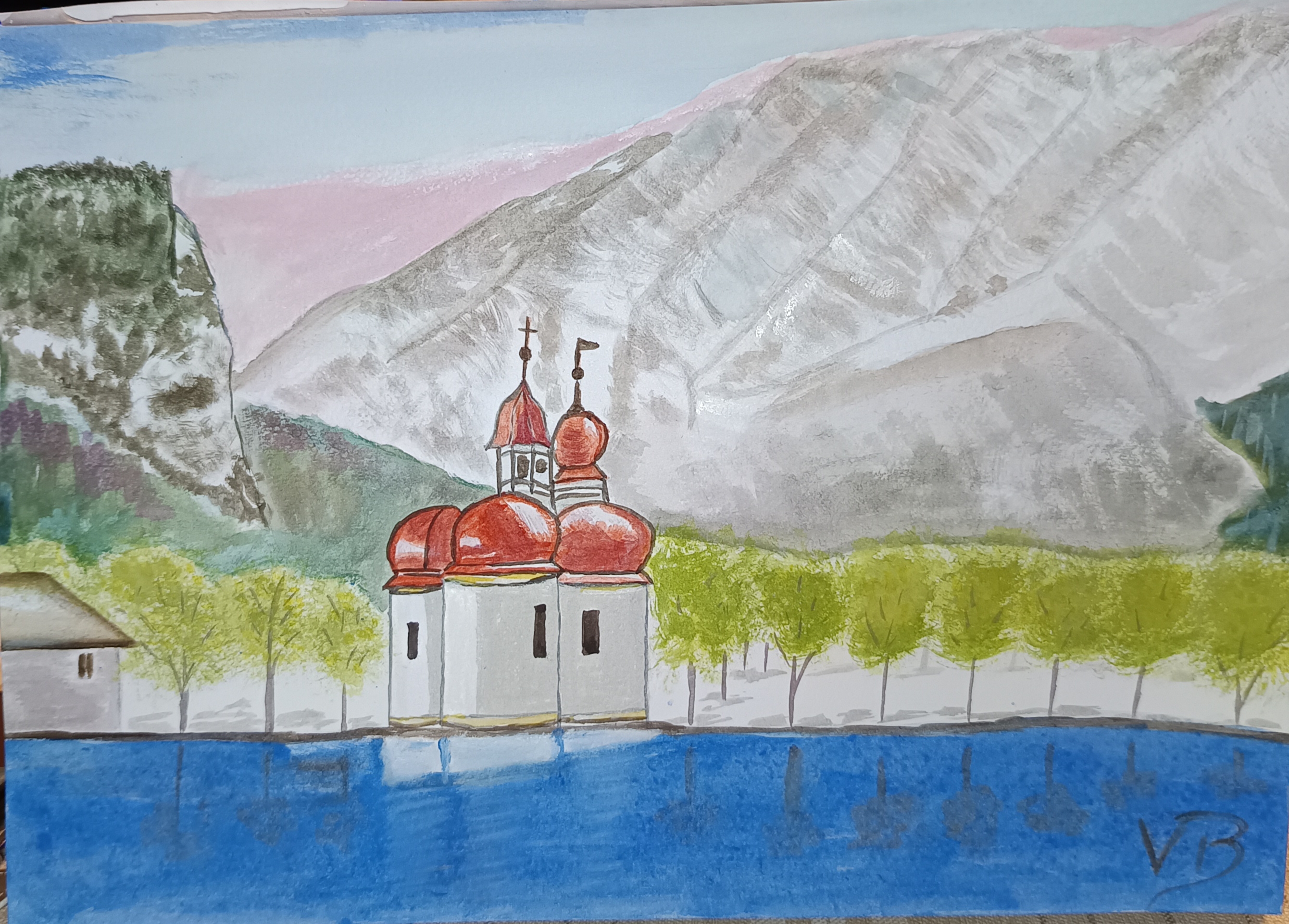 Aquarel  St. Bartholomä am Königssee Höhe 21cm x Breite 30cm
